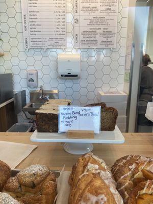 Vegan banana bread pudding with maple frosting and vegan banana breadd  at South Fork Baking Company in Everett