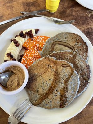 Hot cakes with blue cornmeal  at Vegan Rubí in Ixtapa