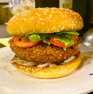 Vegan falafel burger with vegan mayo at House of Falafel in Farmington Hills