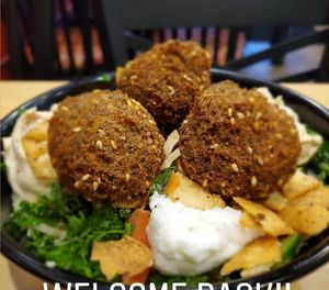 Build your own bowl with hummus and Garlic sauce all vegan! 
Choose from over 30 vegan toppings/sauces at House of Falafel in Farmington Hills