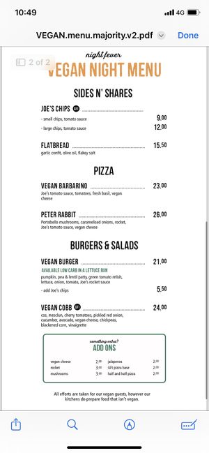 Night menu   at Joe's Garage in Rolleston