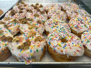 Birthday cake (left), vanilla glazed with sprinkles (right)  at bloomer's in Mississauga