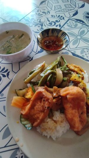 Veggie rice, it comes with a clear soup.  The portion is really big. at Quán Chay Diệu Hoa in Hoi An