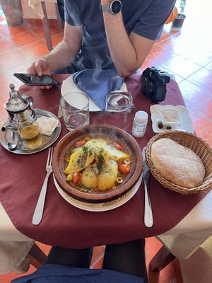 Tagine served with complimentary bread  at Zaytouna in Essaouira