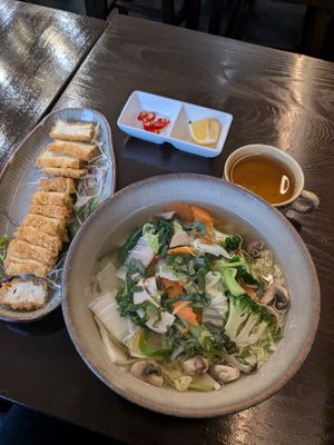 Phơ with crispy tofu and welcome tea. at Koko Organic in Prague