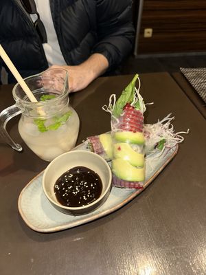 Summer rolls with avocado and beetroot, lychee lemonade  at Koko Organic in Prague