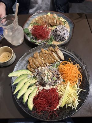 Vegetable bowl and peanut bowl, both with crispy “duck”  at Koko Organic in Prague