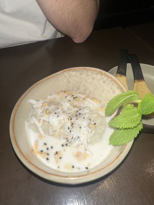Coconut and banana sticky rice dessertt  at Koko Organic in Prague