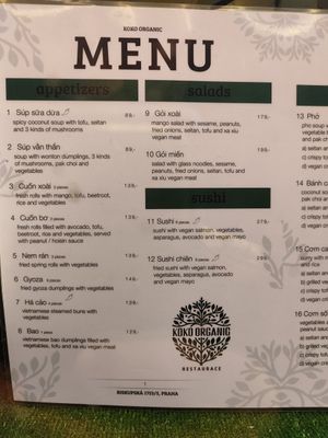 Menu at Koko Organic in Prague