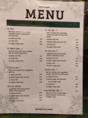 Menu at Koko Organic in Prague