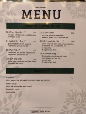 Menu at Koko Organic in Prague
