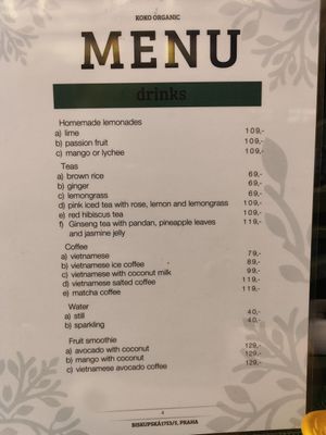 Menu at Koko Organic in Prague