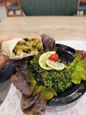 Falafel sandwich and taboula salad at Chawarma Canaan in Casablanca
