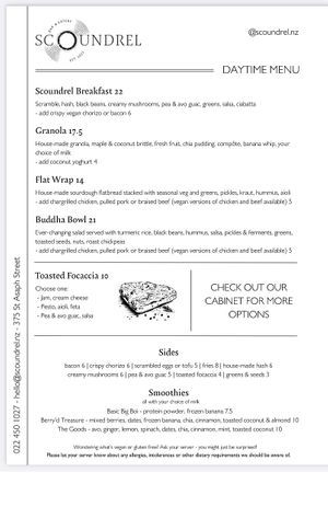 Daytime menu   at Scoundrel in Christchurch