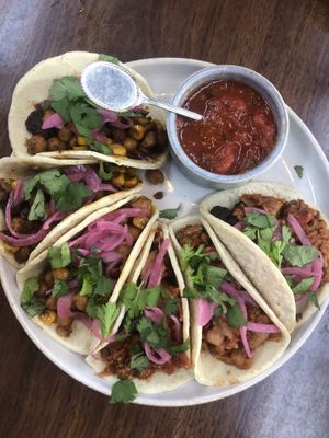 Tacos. Vegan beef and chickpea and veg, they had run out of vegan chicken   at Scoundrel in Christchurch