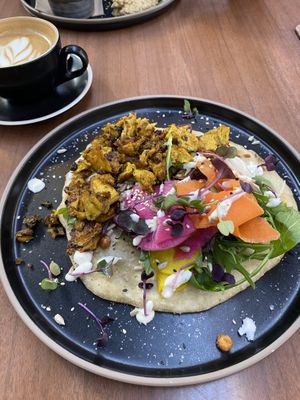 Flat wrap with vegan ‘chicken’ added (spoiler - it’s tofu, $20)  at Scoundrel in Christchurch