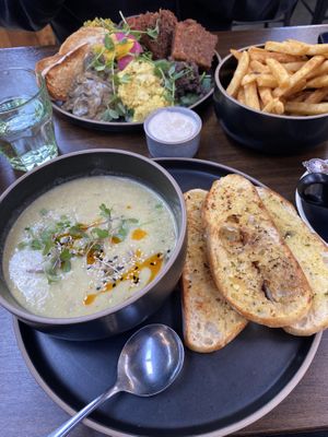 Soup of the day (potato and leek), fries, cooked breakfast with scrambled tofu   at Scoundrel in Christchurch