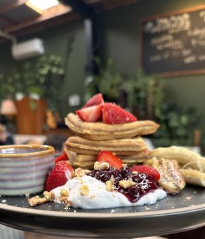 Waffles with strawberries instead of baconn  at Scoundrel in Christchurch