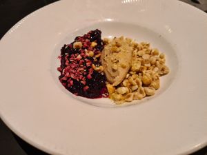 Forrest berries, rhubarb sorbet and hasselnuts. at MellemRum in Aarhus
