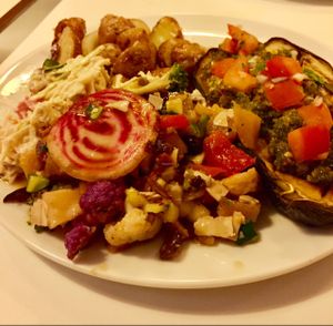 Pesto Aubergine with cooked potatoes and marinated vegetables at Glo - Laugavegur in Reykjavik