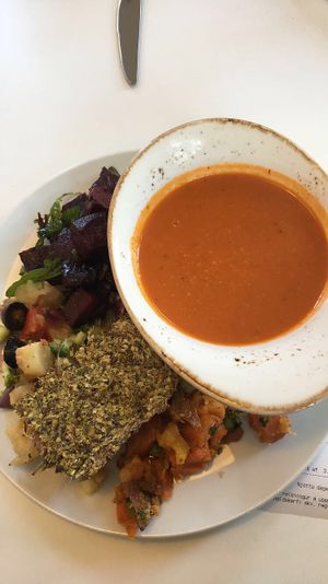tomato soup and 3 salads of choice! at Glo - Laugavegur in Reykjavik
