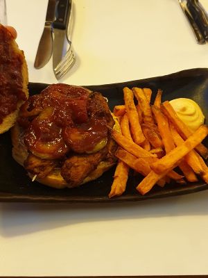 Delicious ‘oomf burger’ with spicy mayonnaise at Glo - Laugavegur in Reykjavik