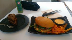 Mexico burger, Vegan chocolate cake + green smoothie (small bottle) at Glo - Laugavegur in Reykjavik