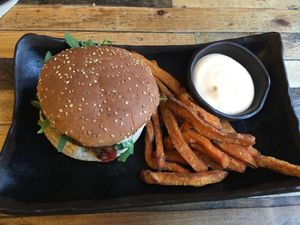 Mexican burger with sweet potato fries  at Glo - Laugavegur in Reykjavik