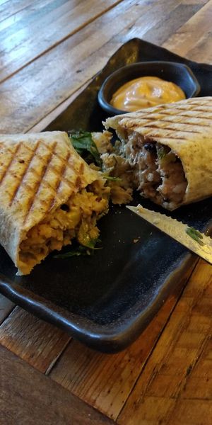 Mexican wrap with oumph soy meat, sweet corn, rice, salad and beans. Vegan. at Glo - Laugavegur in Reykjavik