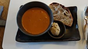 Soup of the month with sourdough bread and hummus. at Glo - Laugavegur in Reykjavik