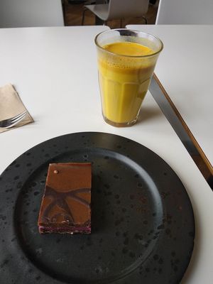 Sweet treat. Raw. Vegan. Gluten-free. Vegan Tumeric milk. at Glo - Laugavegur in Reykjavik