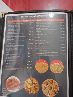 Vegetarian menu Feb 2024. Many of these can be made vegan, but you have to ask and specify at Ajeet India & Nepali Cuisine in Cincinnati