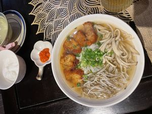 Pho with Char Siu and apricot kombucha   at Mây Vegan Garden in Hanoi