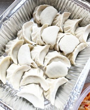 Semi-finished, frozen veganizes gyoza (gyodza) stuffed with spinach and mushrooms. I asked to omit butter from the filling. at Soya Kim in Yerevan