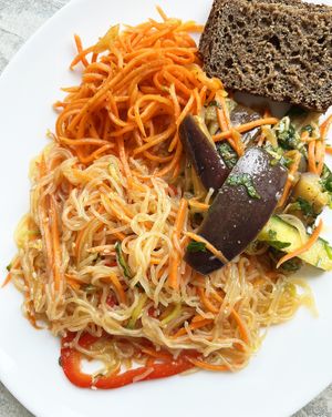 My Korean yummy dinner: eggplant khe, funchose (funchoza) with vegetables, Korean style carrots.  at Soya Kim in Yerevan