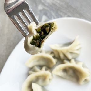 Cooked yummy vegan gyoza with spinach and mushrooms. NOTE: Spinach-mushroom gyoza initially contains butter, ask not to add it (as I did it). at Soya Kim in Yerevan