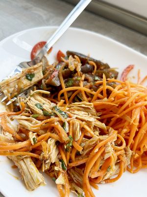 Korean vegan diner: salad with soy asparagus (fuju), eggplant khe, Korean style carrots at Soya Kim in Yerevan