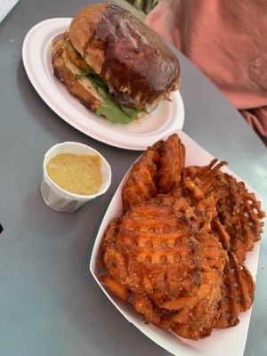 Chicken Sammie and Sweet Potato Fries #Veganuary at Soul Miner's Garden  in Charlotte