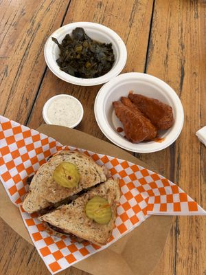 Reuben, Buffalo wing basket with ranch and side of collards   at Soul Miner's Garden  in Charlotte