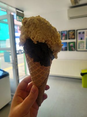 Double Scoop Dark Bitter Chocolate and Salted Caramel Cone at Georgio's in Llanberis
