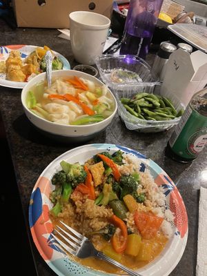 Wonton soup, broccoli stir fry, fried rice, orange tofu, edamame   at Rain Thai & Sushi Cuisine in Mesquite