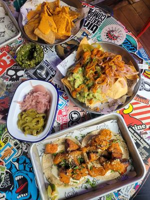 Queso Nachos, Habanero Chimichurri, Veggie Nachos, House Pickles and Sweet Potato Tacos at Death by Tacos in Chester