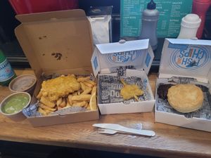 Mushy Peas, Curry Sauce, Small Vegan Fish and Chips, Frickles and Vegan Steak Pie at Tafarn Y Garth in Bangor
