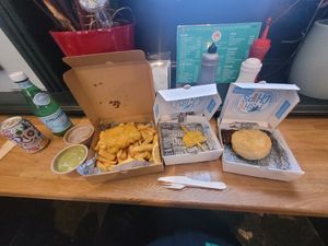 Rio Tropical, Sparkling Water, Curry Sauce, Mushy Peas, Small Vegan Fish and Chips, Frickles, Vegan Steak Pie at Tafarn Y Garth in Bangor