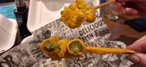 Frickles (deep fried battered gherkins) at Tafarn Y Garth in Bangor