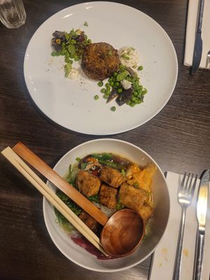 Courgette, Spelt, and Cumin Fritter and Salt and Pepper Tofu Ramen at Bwyd Da Bangor in Bangor