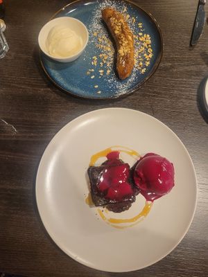 Banana Fritter and Salted Caramel Brownie at Bwyd Da Bangor in Bangor