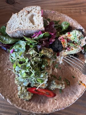 Tofu + salad + bread + aubergine balls  at Honest Greens - Las Tablas in Madrid