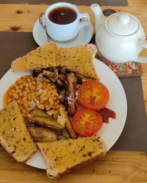 Delicious all day breakfast! They have oat milk but I fancied my tea black that day. at Thyme to Eat in Chesterfield