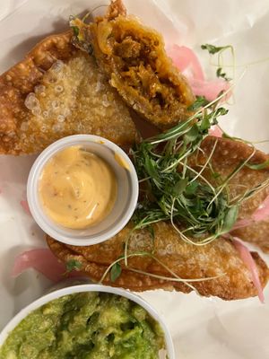 Vegan Empanada - Vegan Chorizo, Just Egg, Pico de Gallo, crispy potato, Vegan Cheddar, Vegan Chipotle Aioli, Smashed Avo and Pickled red onion at Breakfast AF in Louisville